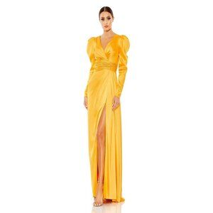 Mac Duggal Size 14 Yellow Mango 12404 Long Sleeve Satin Formal Gown Dress Prom